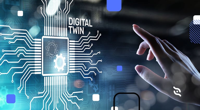 foto de mão tocando em uma tela com o texto digital twin
